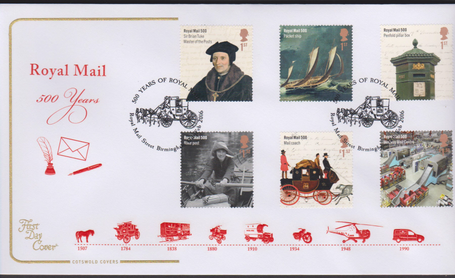 2016 - Royal Mail 500 Years COTSWOLD First Day Cover Set - Royal Mail Street Birmingham Postmark - Click Image to Close